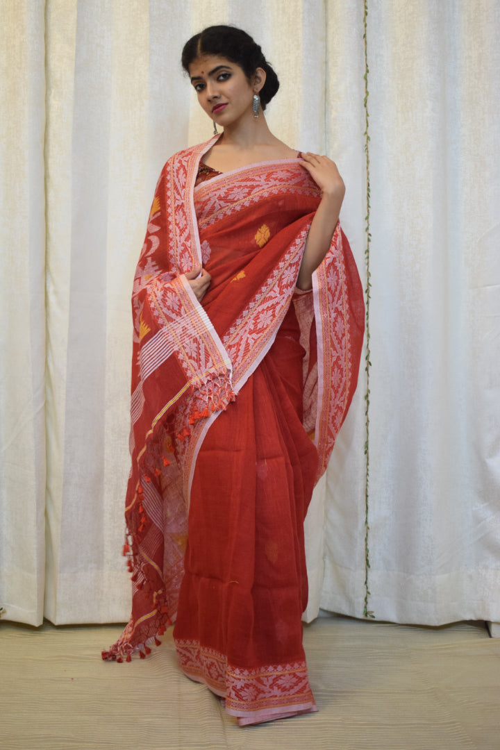 Ahalya: Brick Red Linen Jamdani Saree