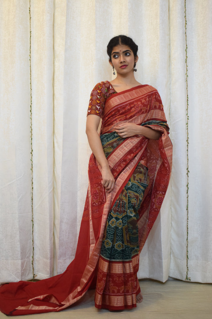 Triyambika: Red & Green Cotton Sambalpuri Ikat Saree