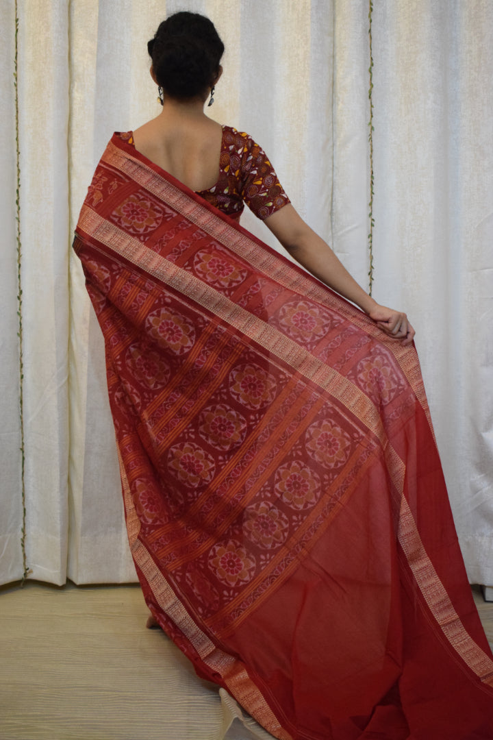 Triyambika: Red & Green Cotton Sambalpuri Ikat Saree