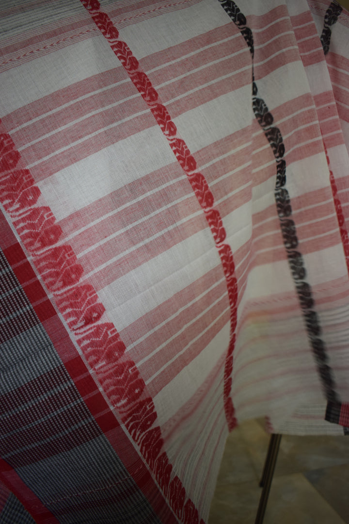 Ibha: White and red elephant motif Dhaniakhali saree