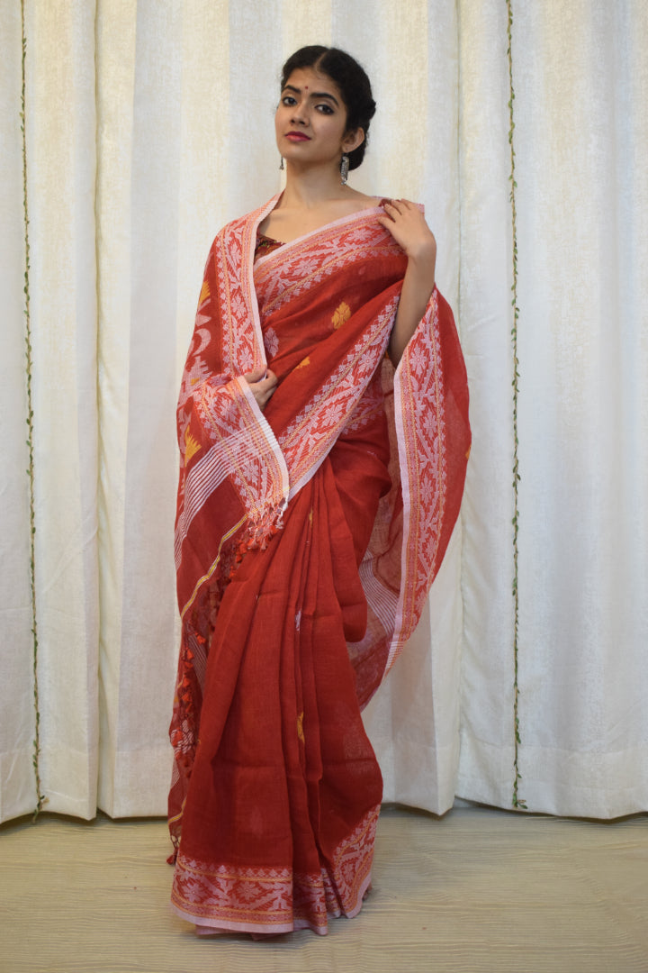 Ahalya: Brick Red Linen Jamdani Saree