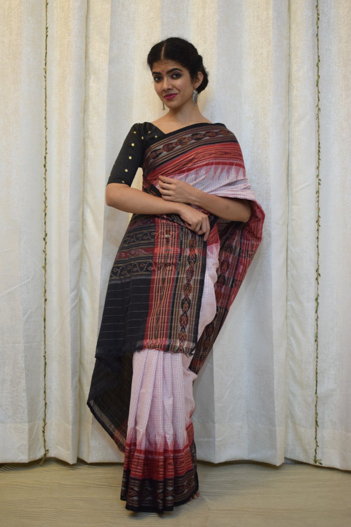 Shubratha: White & Red Khandua Sachipar cotton saree