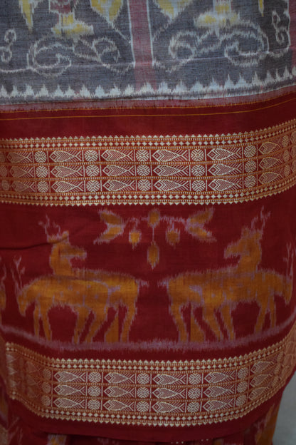 Parthavi: Purple Grey & Red Cotton Sambalpuri Ikat Saree