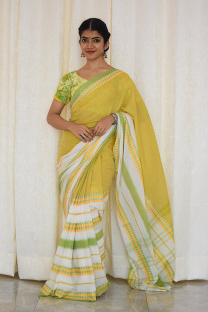 Namasya: Pale yellow, white & green Dhaniakhali saree