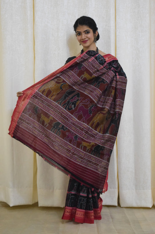 Anandi: Black & Red Sambalpuri Nabakothi cotton saree