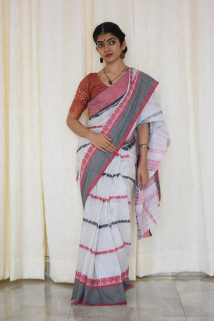 Ibha: White and red elephant motif Dhaniakhali saree