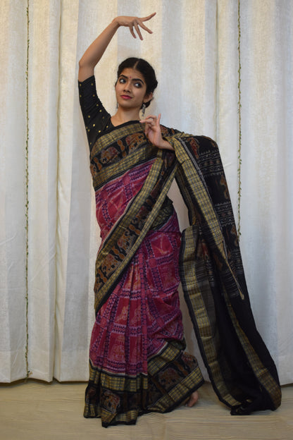 Shubhana: Pink & Black Cotton Sambalpuri Ikat Saree