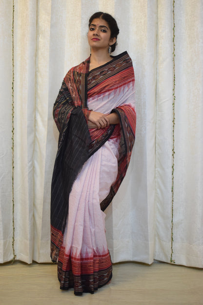 Shubratha: White & Red Khandua Sachipar cotton saree