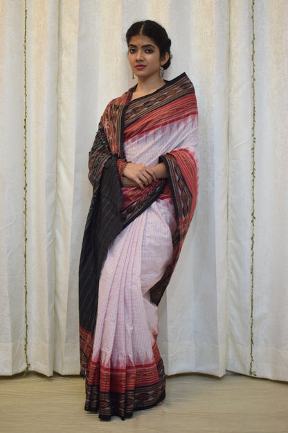 Shubratha: White & Red Khandua Sachipar cotton saree