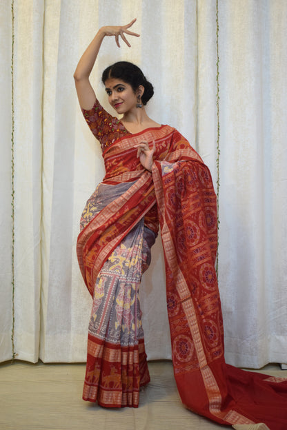 Parthavi: Purple Grey & Red Cotton Sambalpuri Ikat Saree