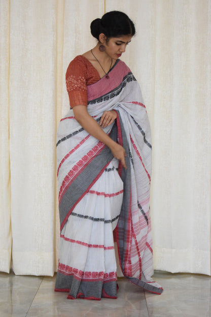 Ibha: White and red elephant motif Dhaniakhali saree