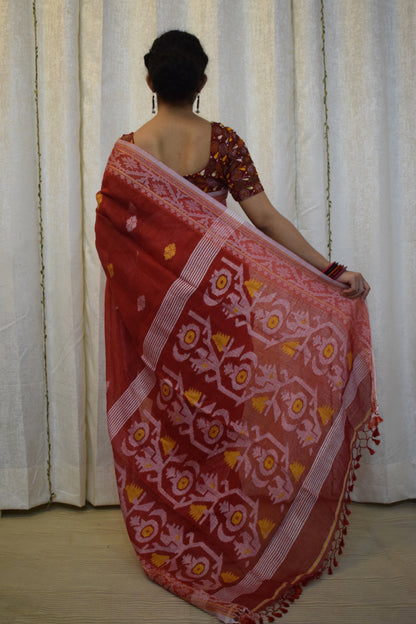 Ahalya: Brick Red Linen Jamdani Saree