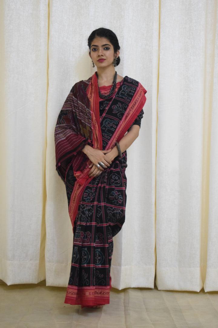 Anandi: Black & Red Sambalpuri Nabakothi cotton saree