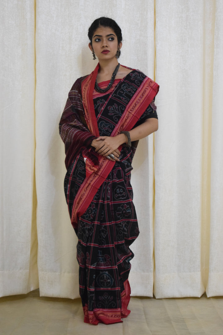 Anandi: Black & Red Sambalpuri Nabakothi cotton saree