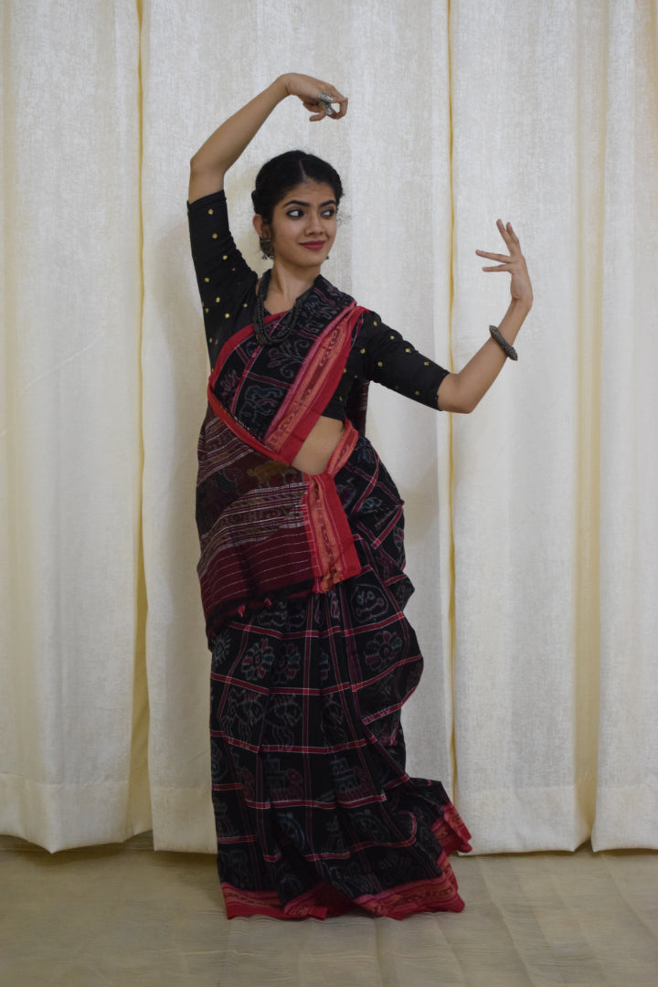 Anandi: Black & Red Sambalpuri Nabakothi cotton saree