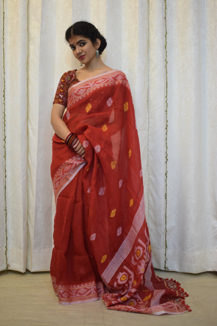 Ahalya: Brick Red Linen Jamdani Saree