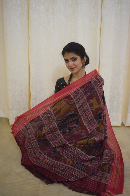 Anandi: Black & Red Sambalpuri Nabakothi cotton saree