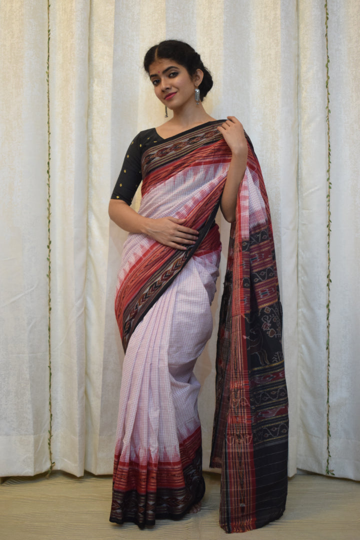 Shubratha: White & Red Khandua Sachipar cotton saree