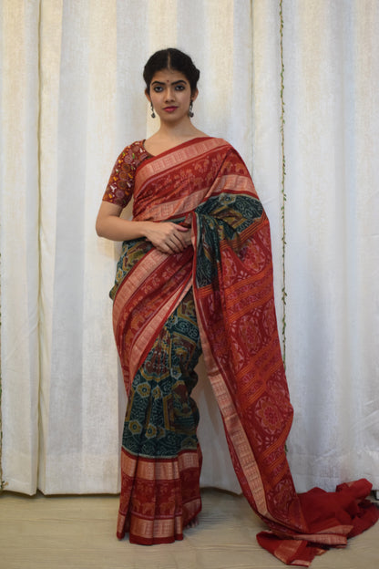 Triyambika: Red & Green Cotton Sambalpuri Ikat Saree