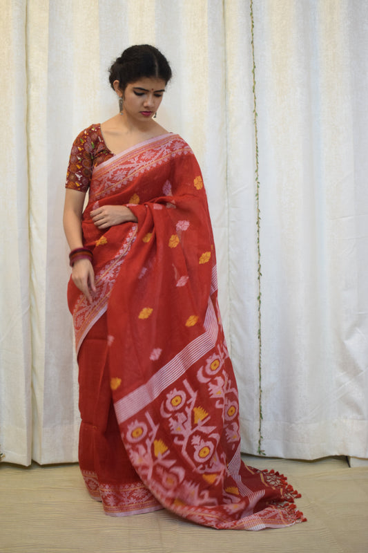 Ahalya: Brick Red Linen Jamdani Saree