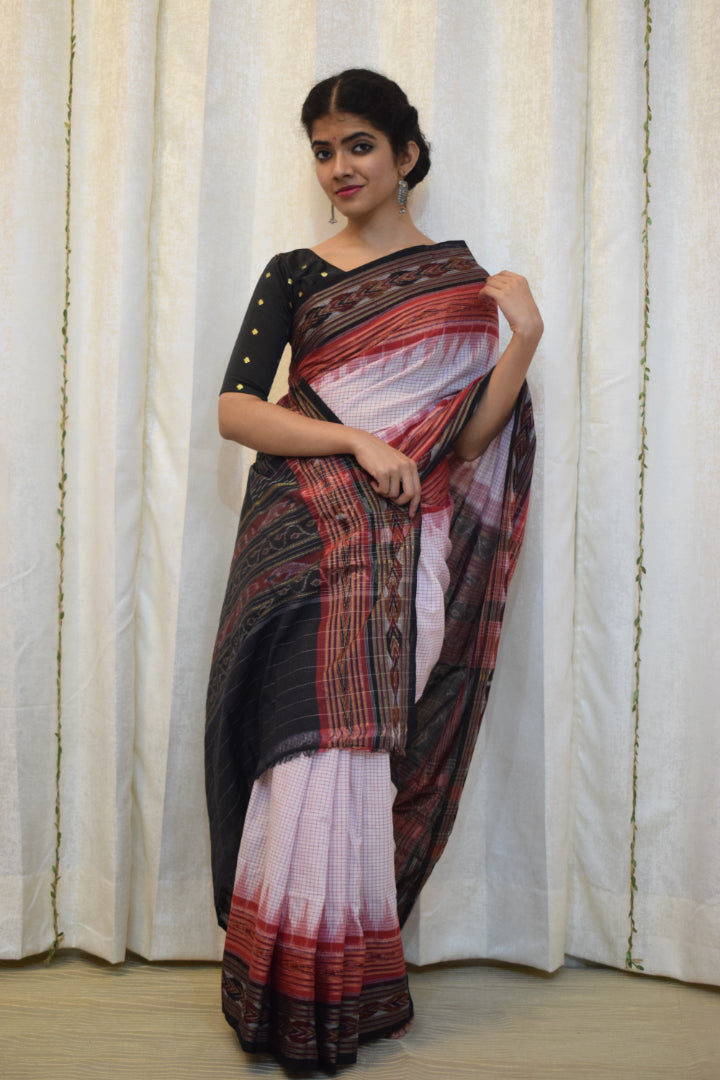 Shubratha: White & Red Khandua Sachipar cotton saree