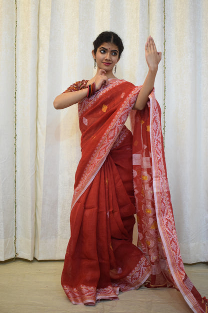 Ahalya: Brick Red Linen Jamdani Saree