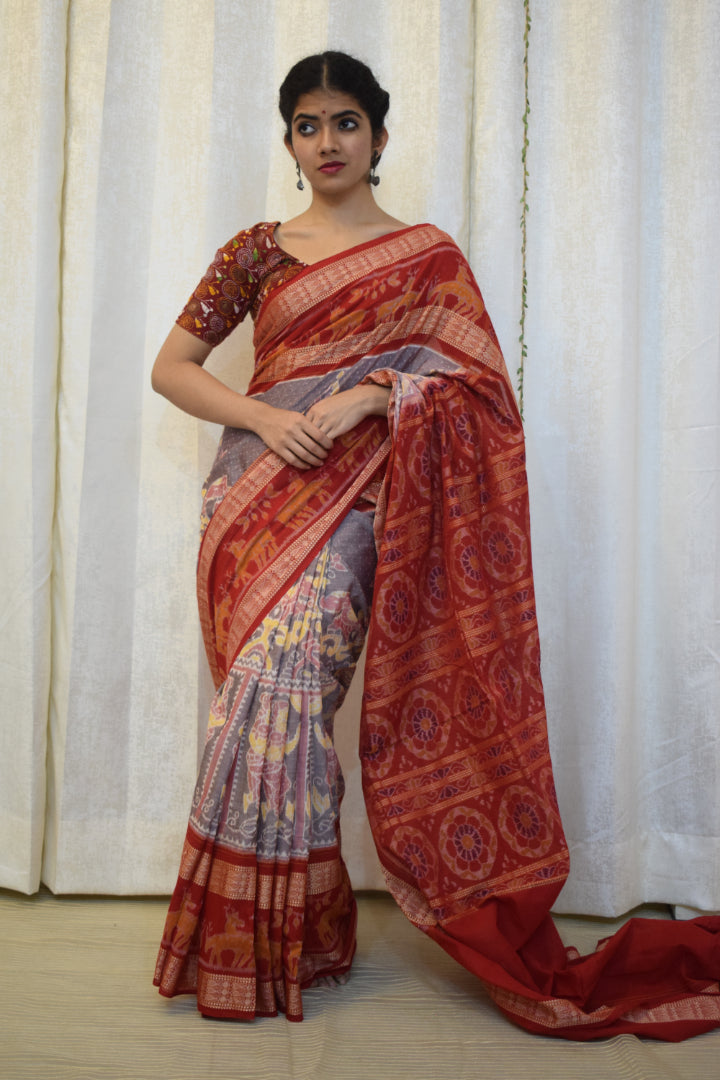 Parthavi: Purple Grey & Red Cotton Sambalpuri Ikat Saree