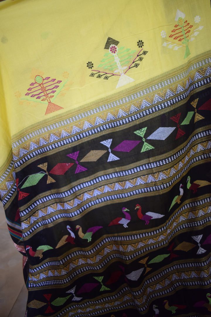 Aarunya: Yellow & Black Ganjam Bomkai cotton saree