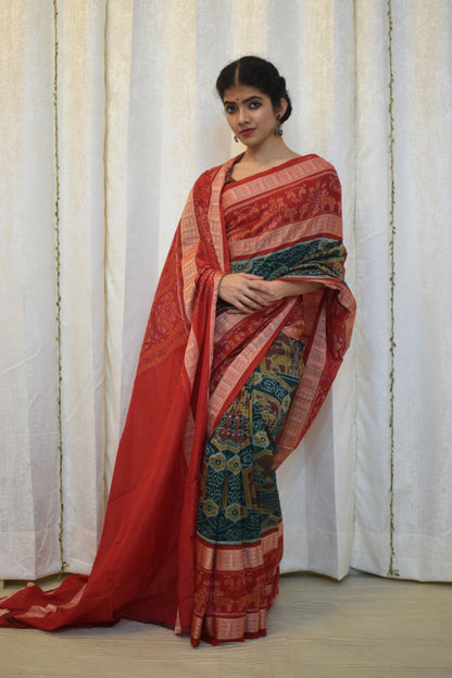 Triyambika: Red & Green Cotton Sambalpuri Ikat Saree