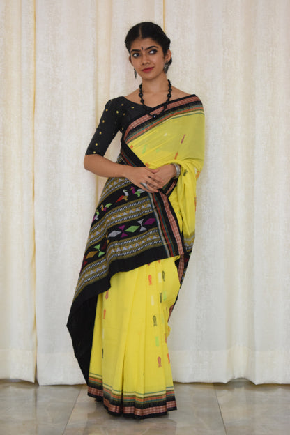 Aarunya: Yellow & Black Ganjam Bomkai cotton saree