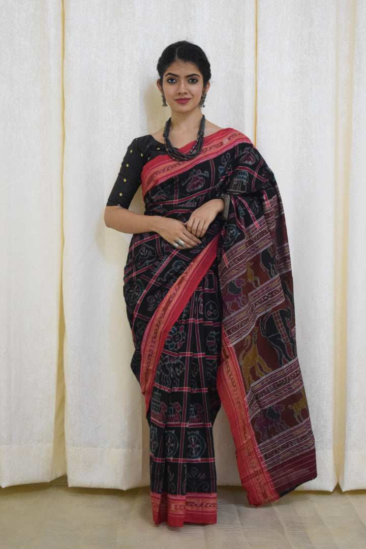 Anandi: Black & Red Sambalpuri Nabakothi cotton saree