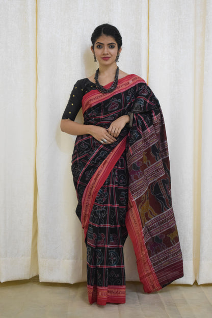 Anandi: Black & Red Sambalpuri Nabakothi cotton saree