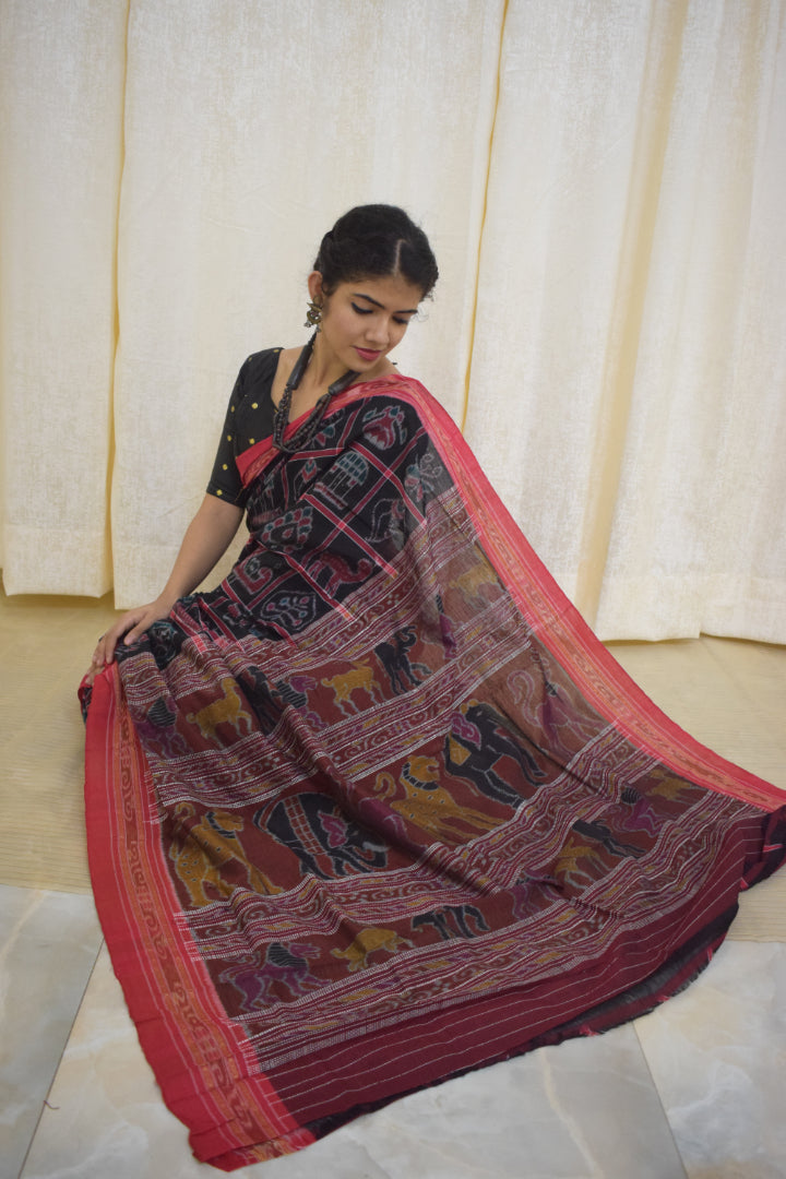 Anandi: Black & Red Sambalpuri Nabakothi cotton saree