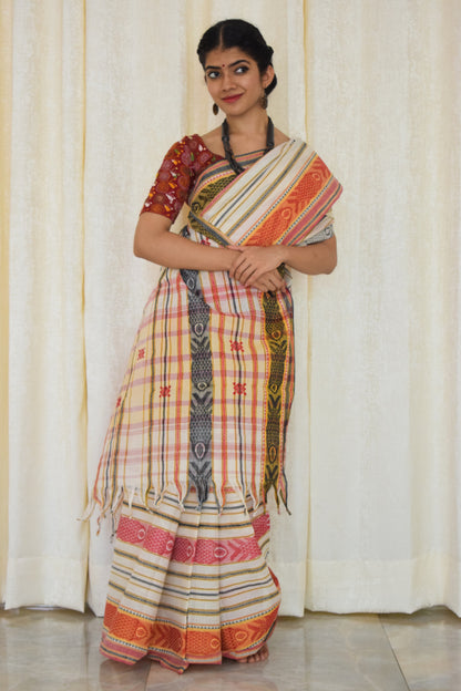 Rohini: Off-white & red Dhaniakhali cotton saree