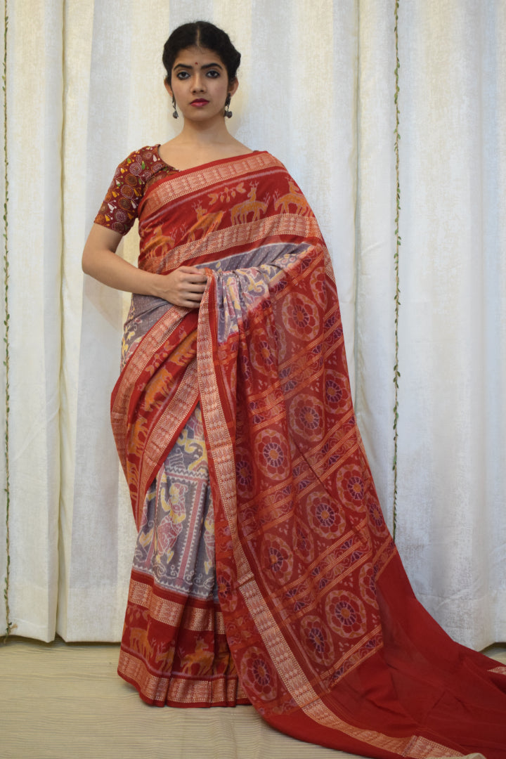 Parthavi: Purple Grey & Red Cotton Sambalpuri Ikat Saree