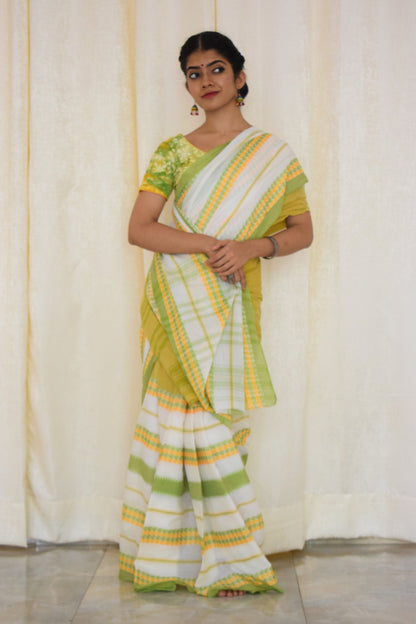 Namasya: Pale yellow, white & green Dhaniakhali saree