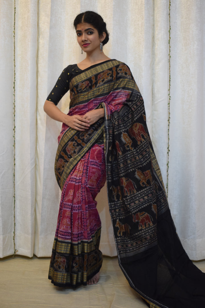 Shubhana: Pink & Black Cotton Sambalpuri Ikat Saree