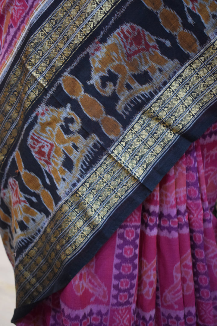 Shubhana: Pink & Black Cotton Sambalpuri Ikat Saree