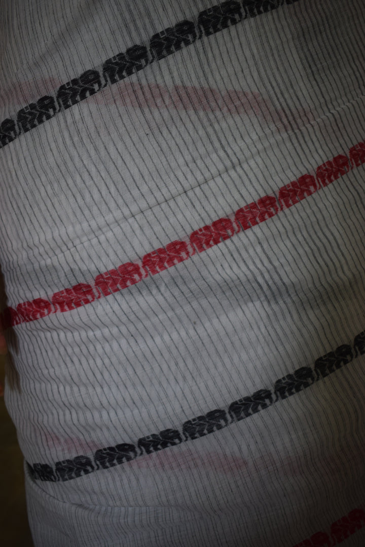 Ibha: White and red elephant motif Dhaniakhali saree