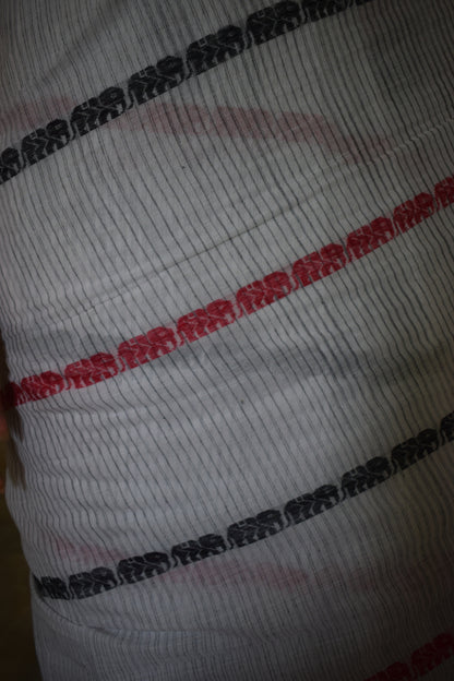 Ibha: White and red elephant motif Dhaniakhali saree