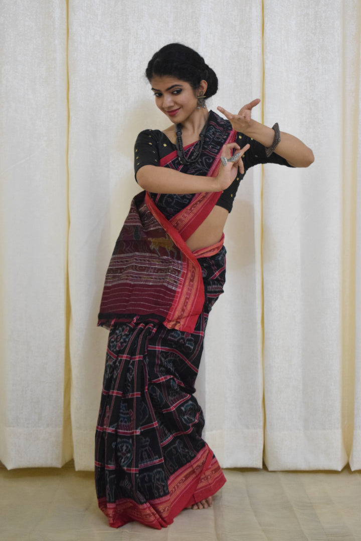 Anandi: Black & Red Sambalpuri Nabakothi cotton saree