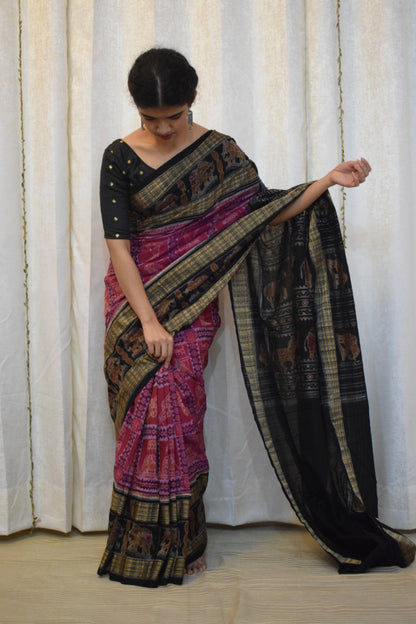 Shubhana: Pink & Black Cotton Sambalpuri Ikat Saree