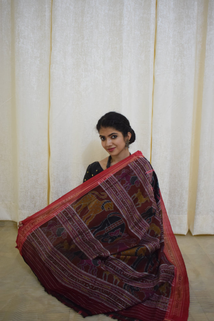 Anandi: Black & Red Sambalpuri Nabakothi cotton saree