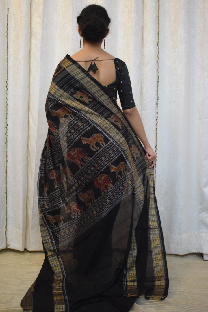 Shubhana: Pink & Black Cotton Sambalpuri Ikat Saree