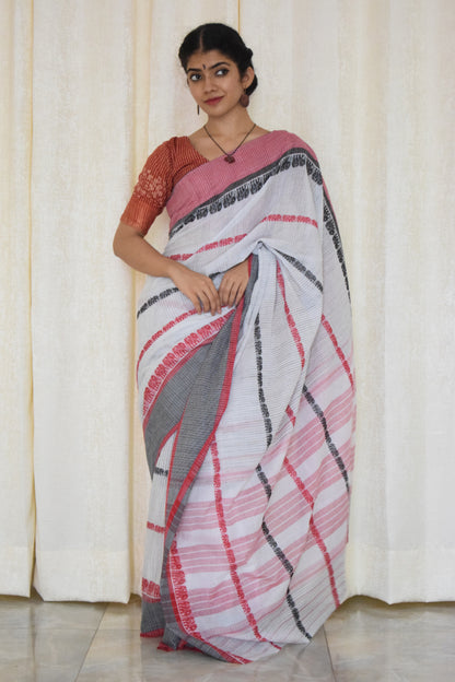 Ibha: White and red elephant motif Dhaniakhali saree