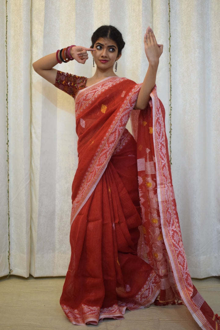 Ahalya: Brick Red Linen Jamdani Saree