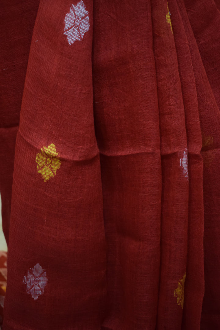 Ahalya: Brick Red Linen Jamdani Saree