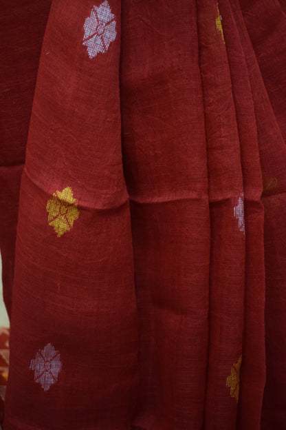 Ahalya: Brick Red Linen Jamdani Saree