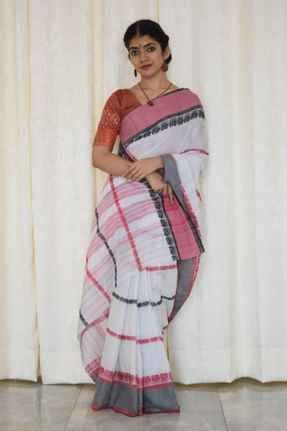 Ibha: White and red elephant motif Dhaniakhali saree