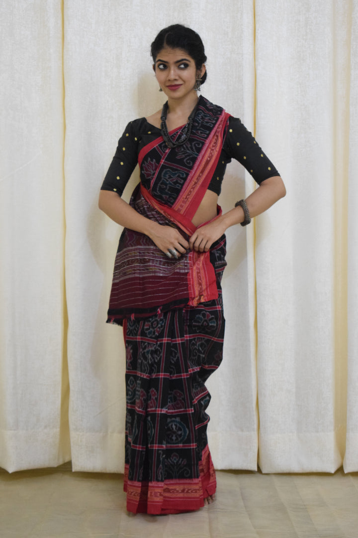 Anandi: Black & Red Sambalpuri Nabakothi cotton saree